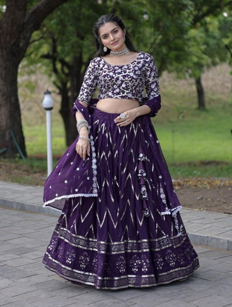 Glorious Purple Faux Georgette Sequins Thread Worked Lehenga Choli Set