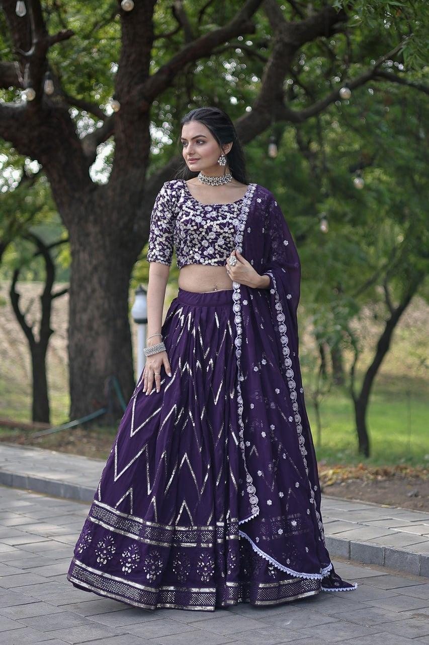 Glorious Purple Faux Georgette Sequins Thread Worked Lehenga Choli Set