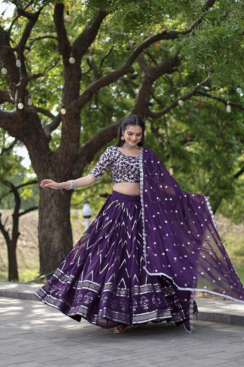 Glorious Purple Faux Georgette Sequins Thread Worked Lehenga Choli Set