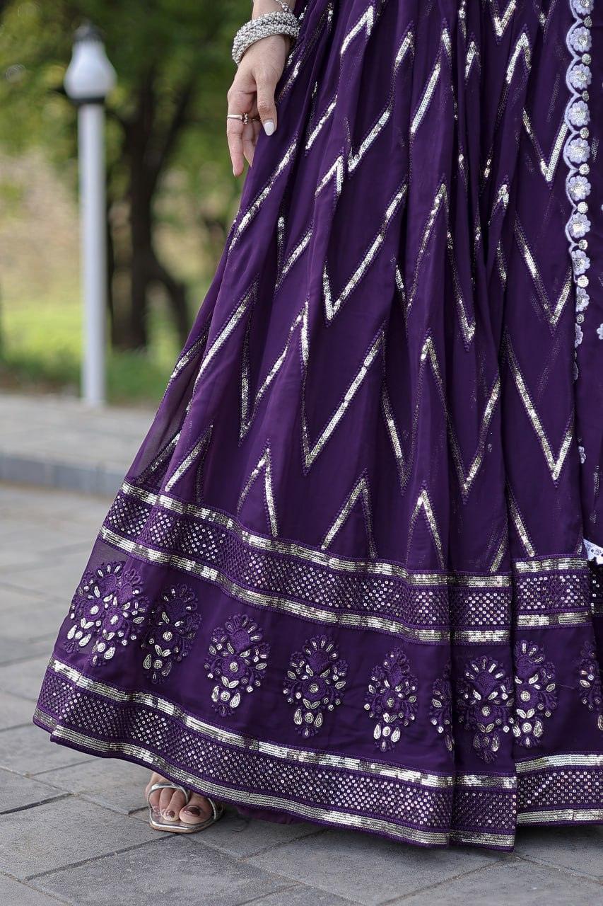 Glorious Purple Faux Georgette Sequins Thread Worked Lehenga Choli Set