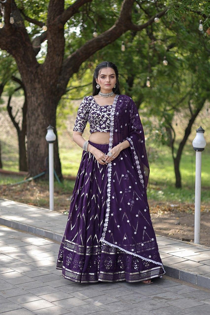 Glorious Purple Faux Georgette Sequins Thread Worked Lehenga Choli Set