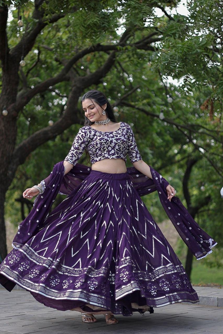 Glorious Purple Faux Georgette Sequins Thread Worked Lehenga Choli Set