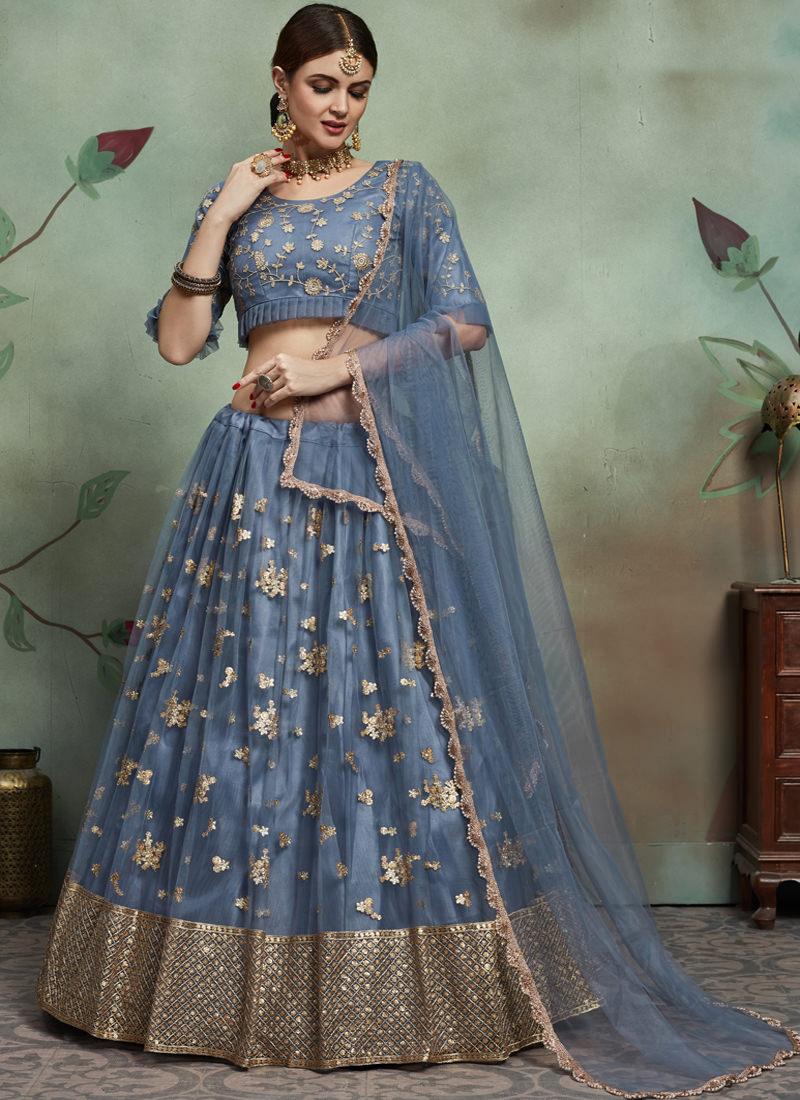 Glossy Grey Color Soft Net Base Embroidered Fared Lehenga Choli