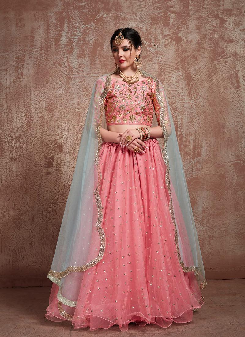 Glossy Pink Color Soft Net Base Sequins Lehenga Choli For Party