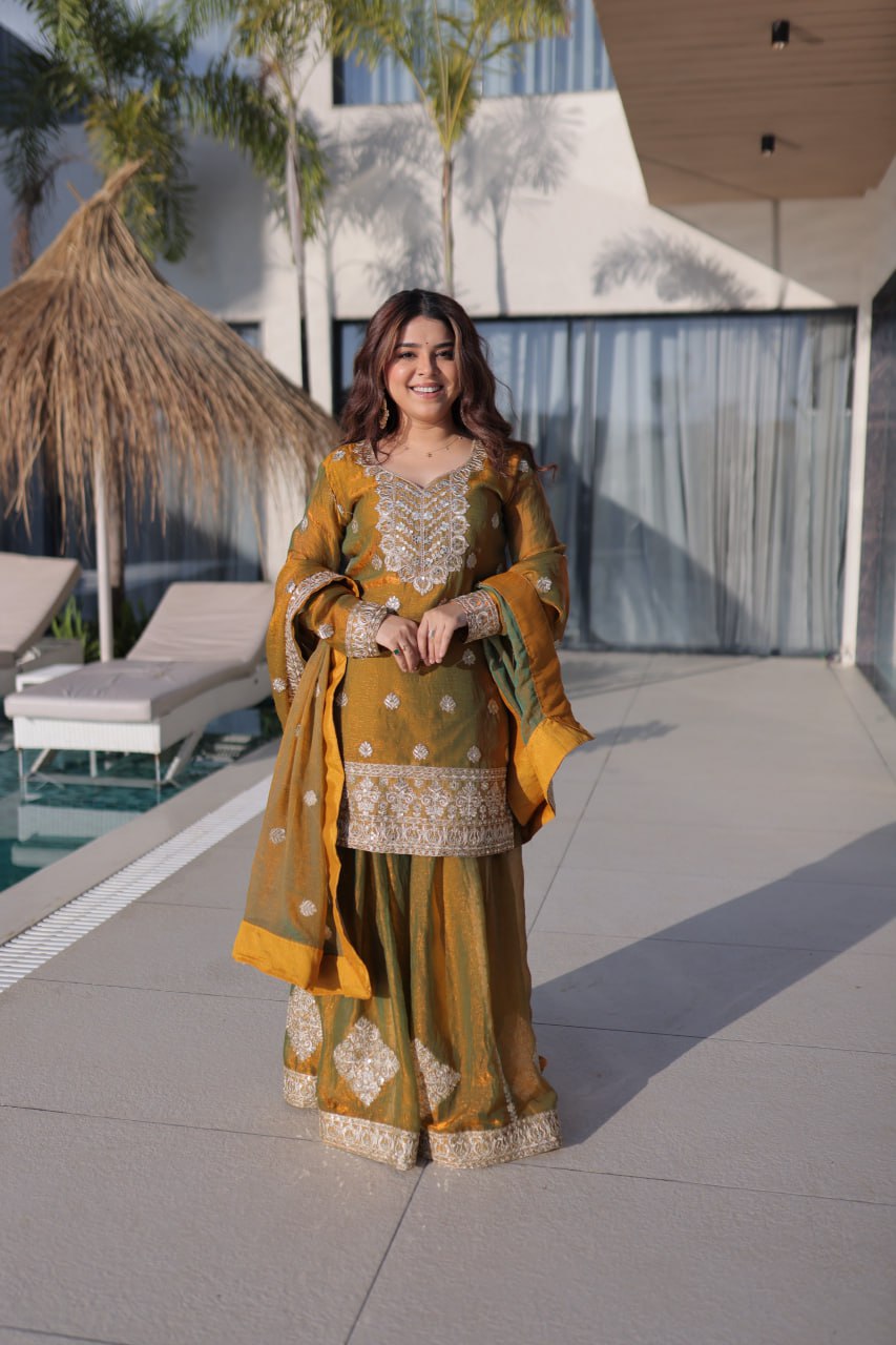 Gold Chiffon Embroidered Sharara Set