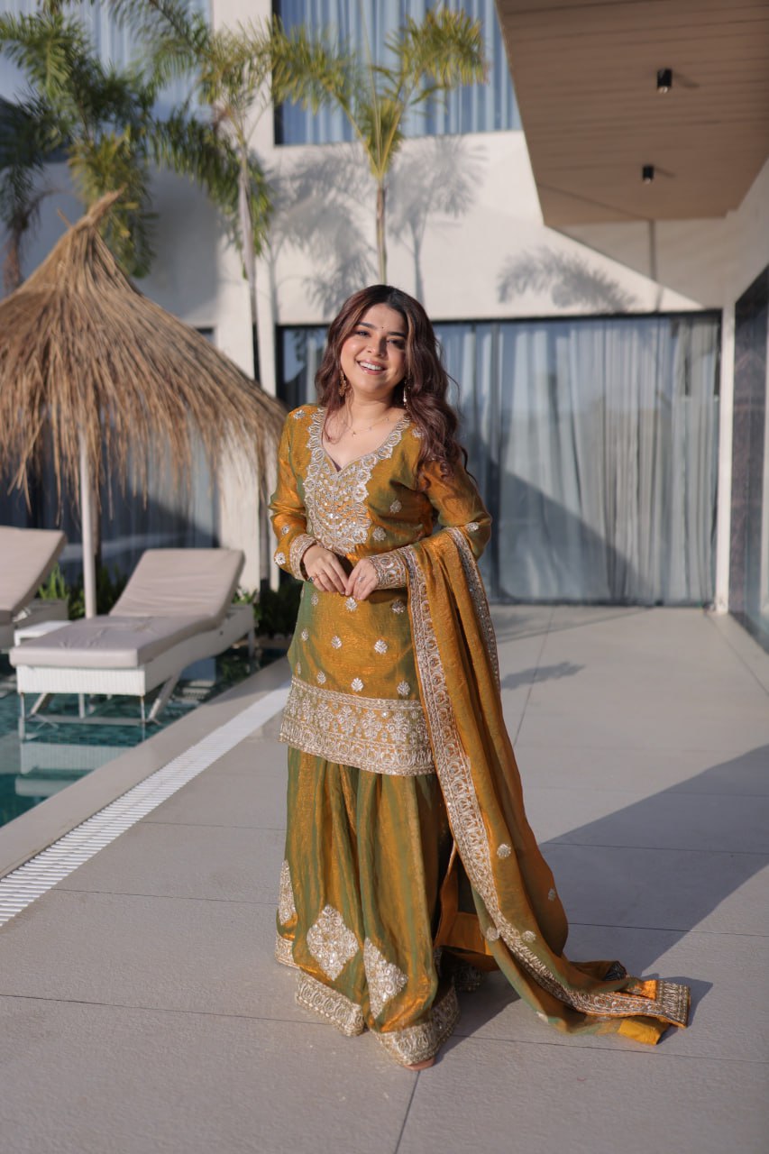 Gold Chiffon Embroidered Sharara Set