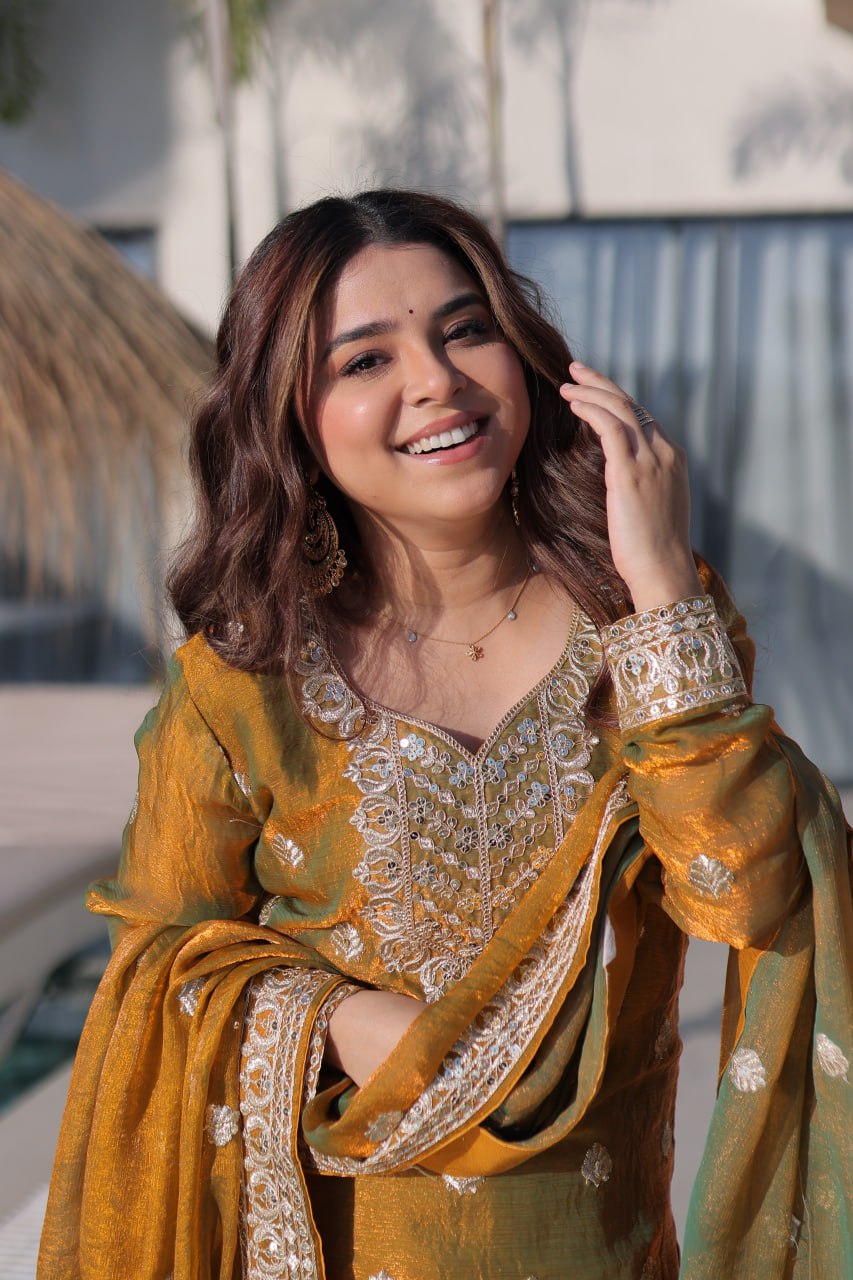 Gold Chiffon Embroidered Sharara Set