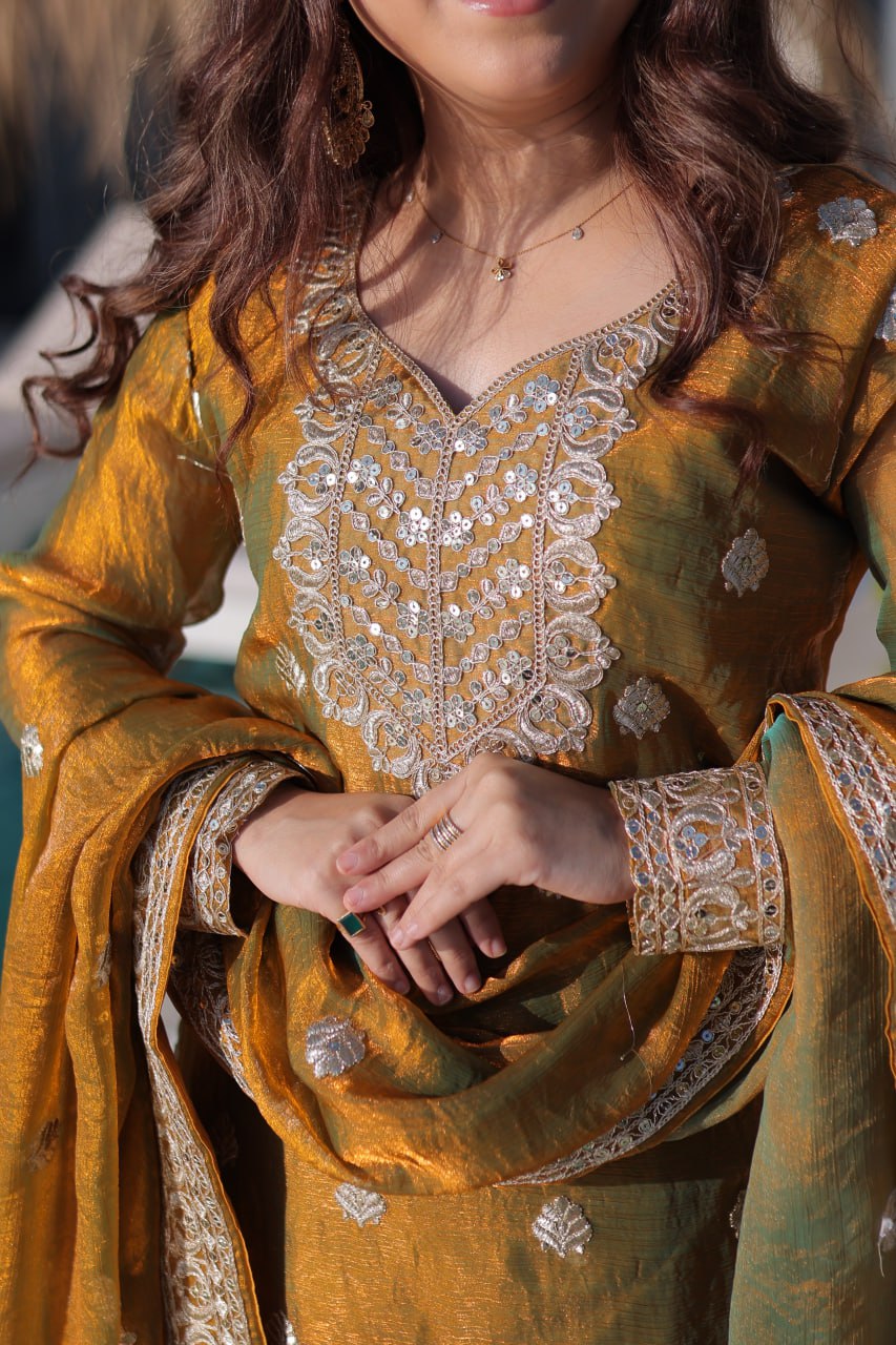 Gold Chiffon Embroidered Sharara Set