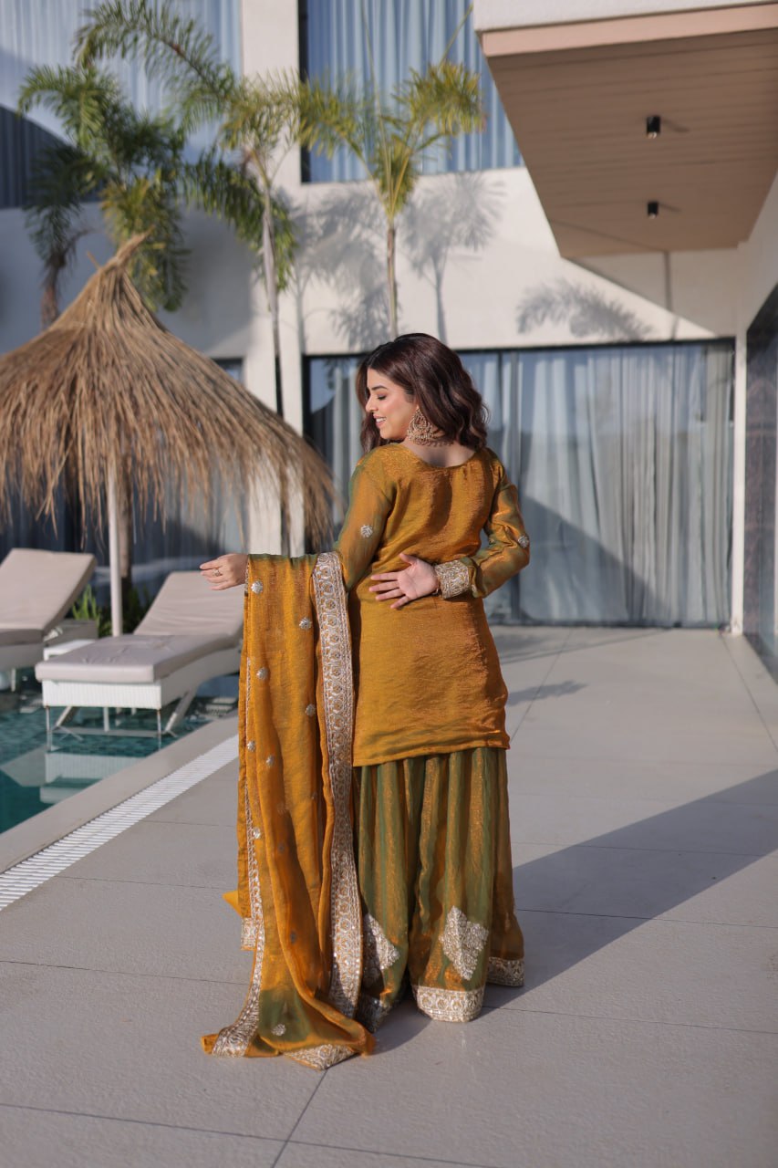 Gold Chiffon Embroidered Sharara Set