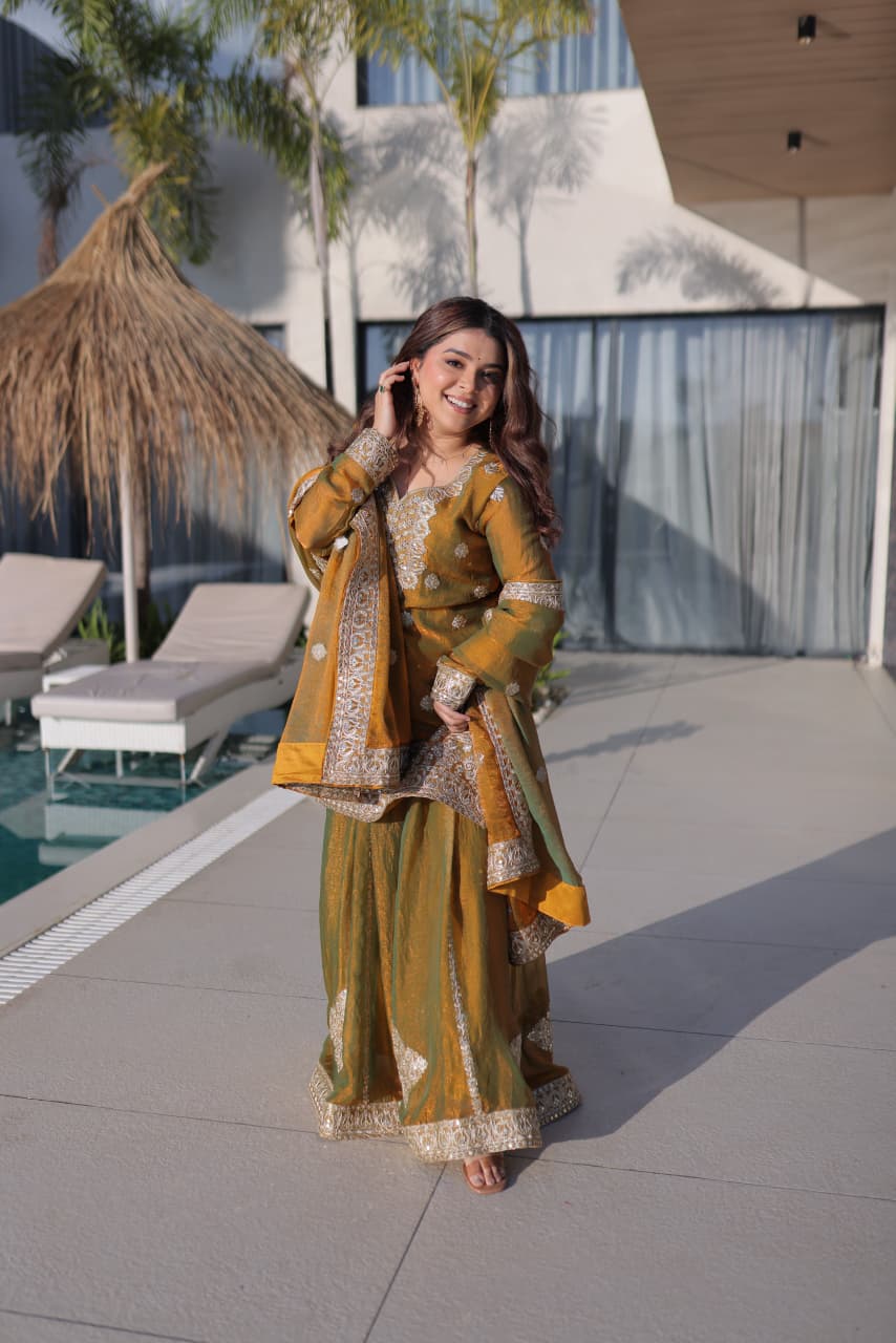 Gold Chiffon Embroidered Sharara Set