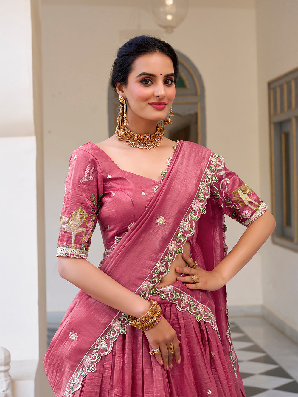 Rose pink gold crush lehenga choli with sequins embroidery scalloped lace dupatta