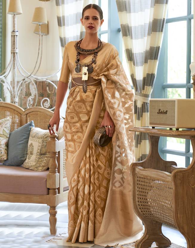 Gold Elegant Handloom Organza Woven Bollywood Saree with Unstitched Blouse Piece