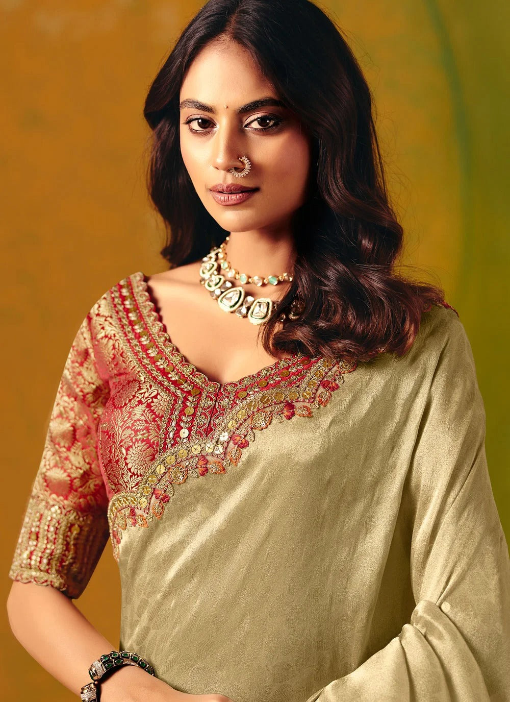 Gold wedding wear zari silk saree with embroidered ready blouse