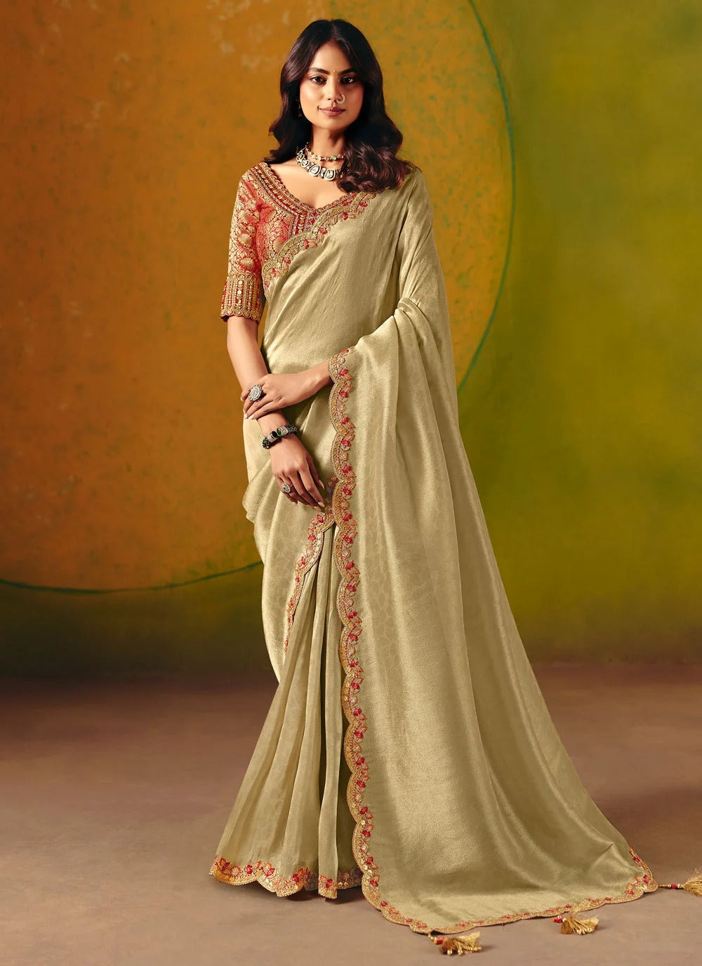 Gold wedding wear zari silk saree with embroidered ready blouse