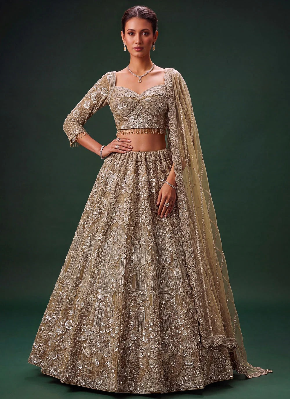 Golden bridal reception lehenga for bride with sequins dori embroidery
