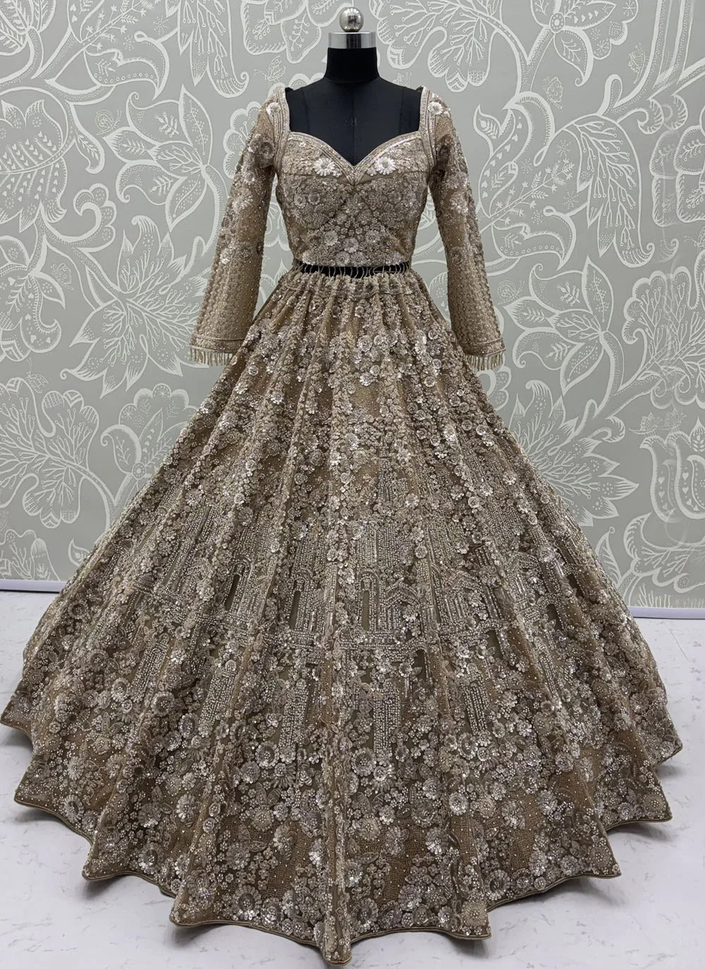 Golden bridal reception lehenga for bride with sequins dori embroidery