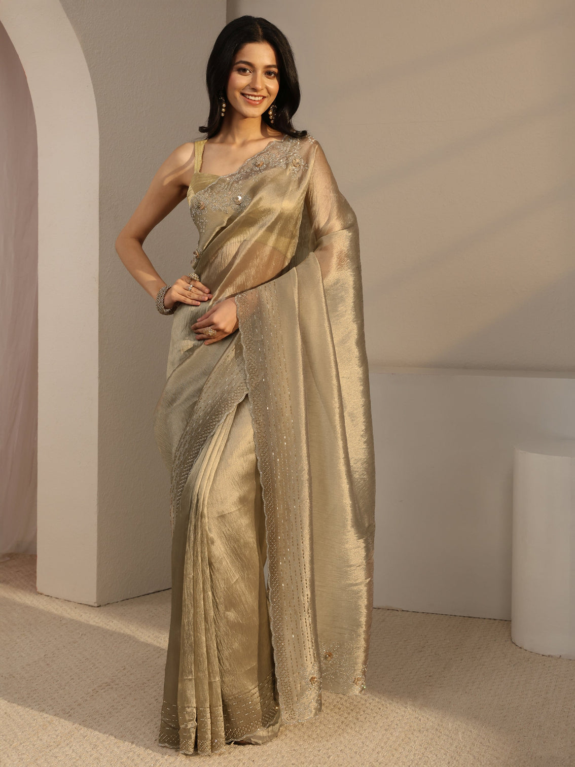 Mameraa Golden Embellished Tissue Saree With Unstiched Blouse Piece