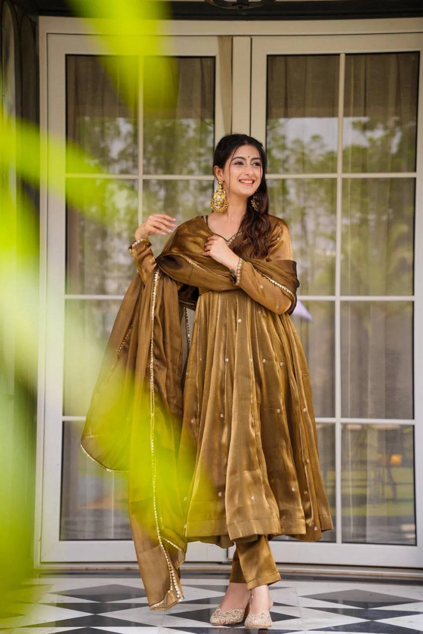 Golden Jimi Choo Thread Work Suit Set with Four-Side Lace Dupatta
