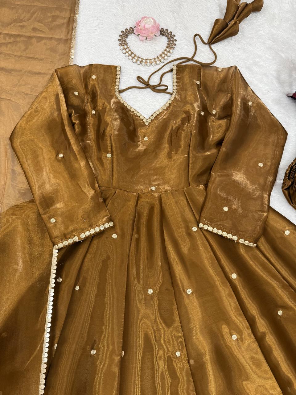 Golden Jimi Choo Thread Work Suit Set with Four-Side Lace Dupatta