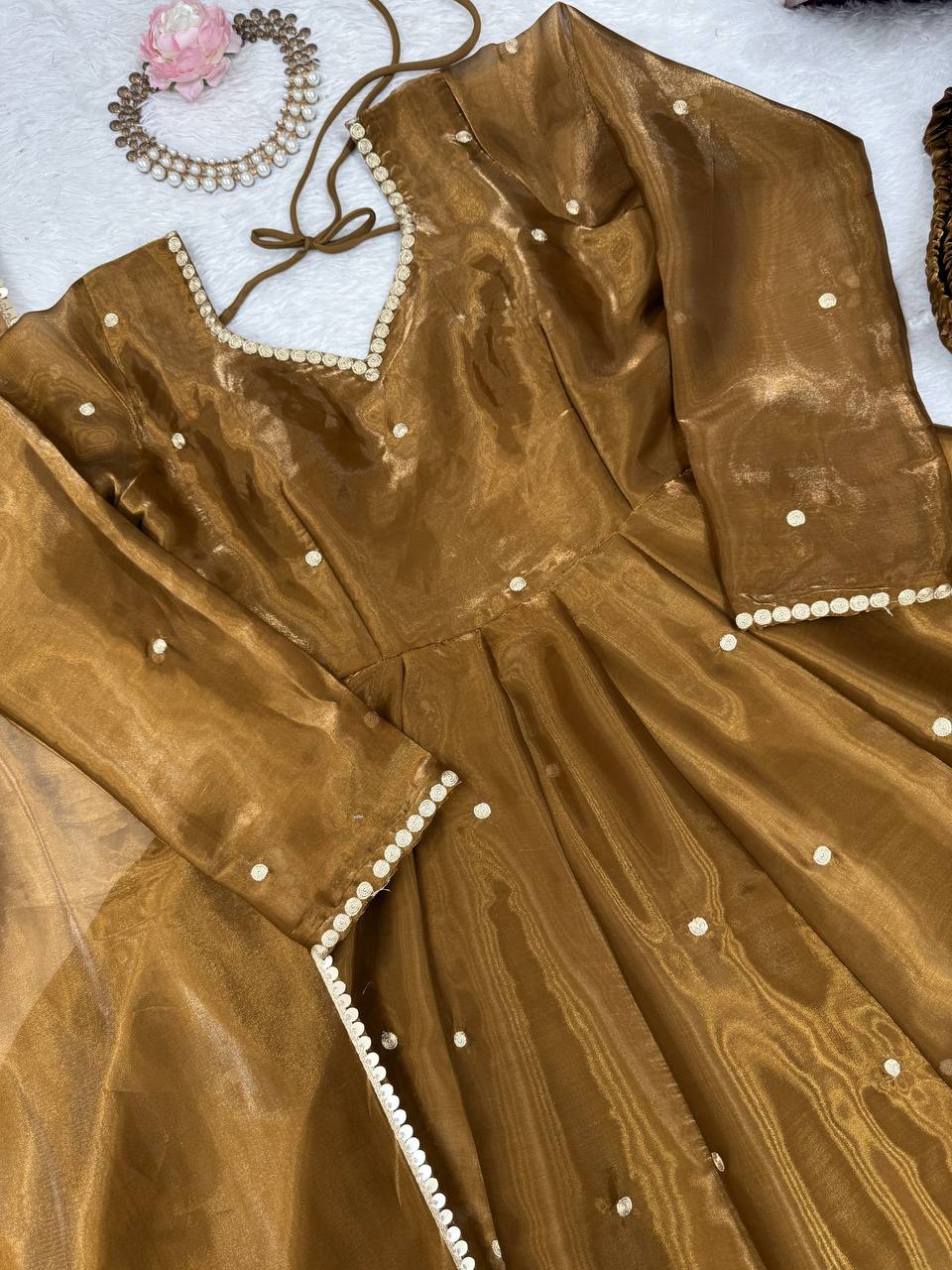 Golden Jimi Choo Thread Work Suit Set with Four-Side Lace Dupatta