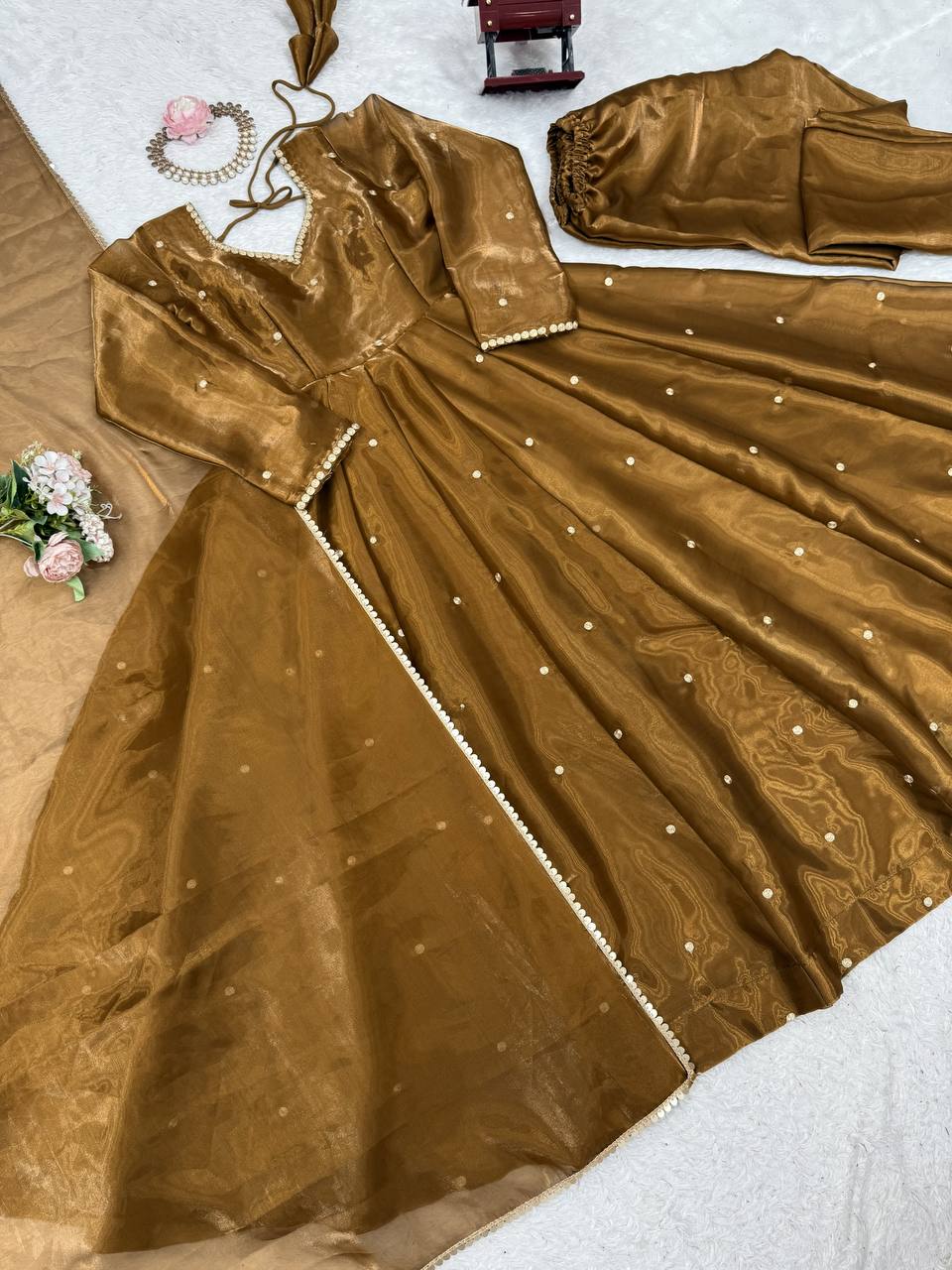 Golden Jimi Choo Thread Work Suit Set with Four-Side Lace Dupatta