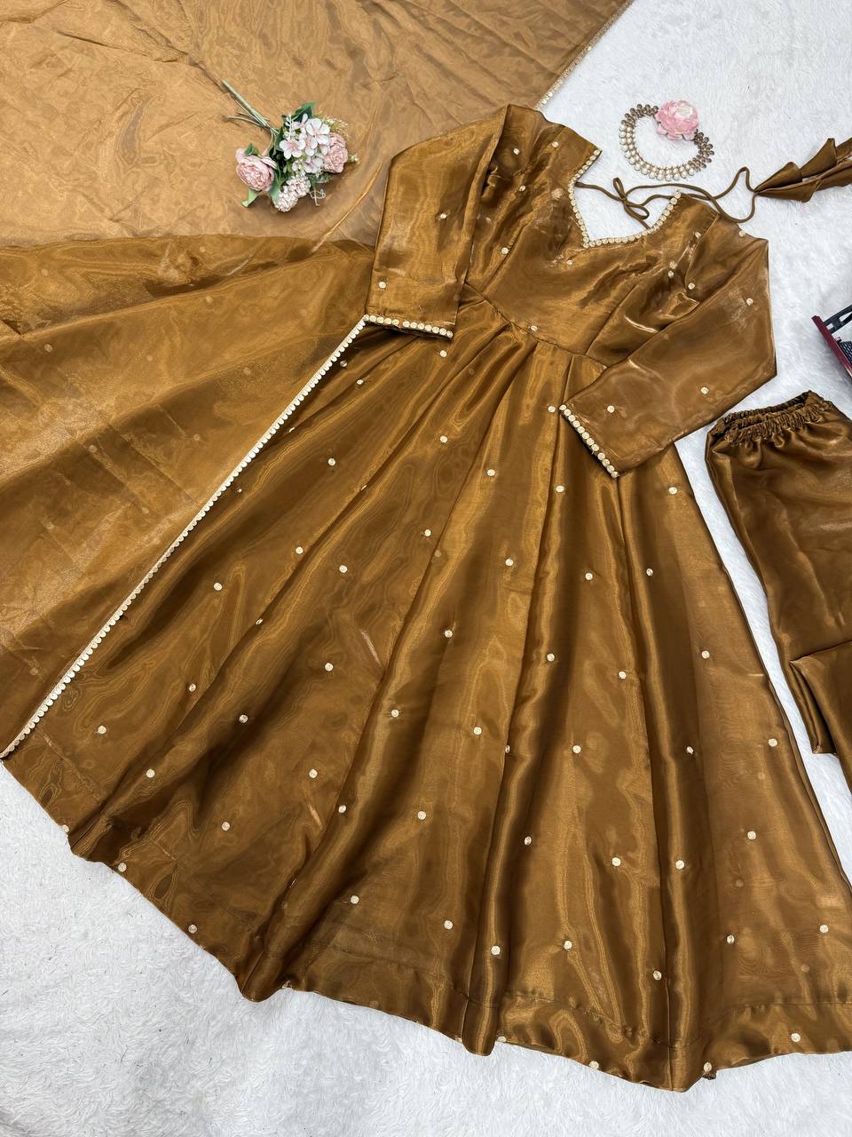 Golden Jimi Choo Thread Work Suit Set with Four-Side Lace Dupatta