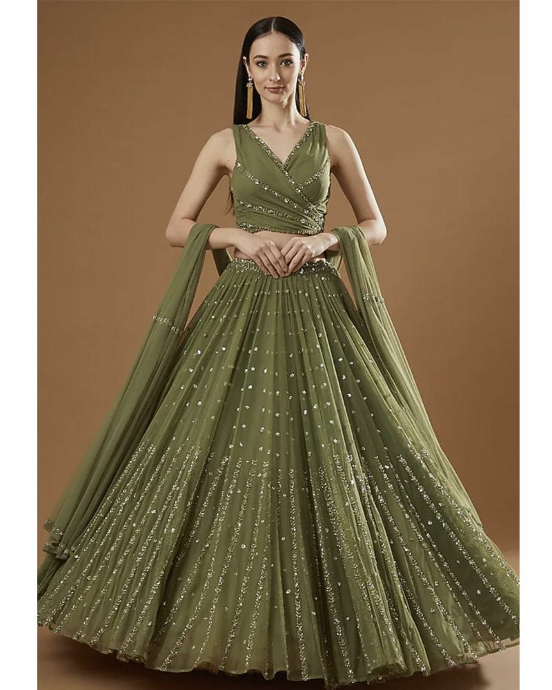 Gorgeous Georgette Olive Green Lehenga Choli Dupatta Set with Jari Embroidery