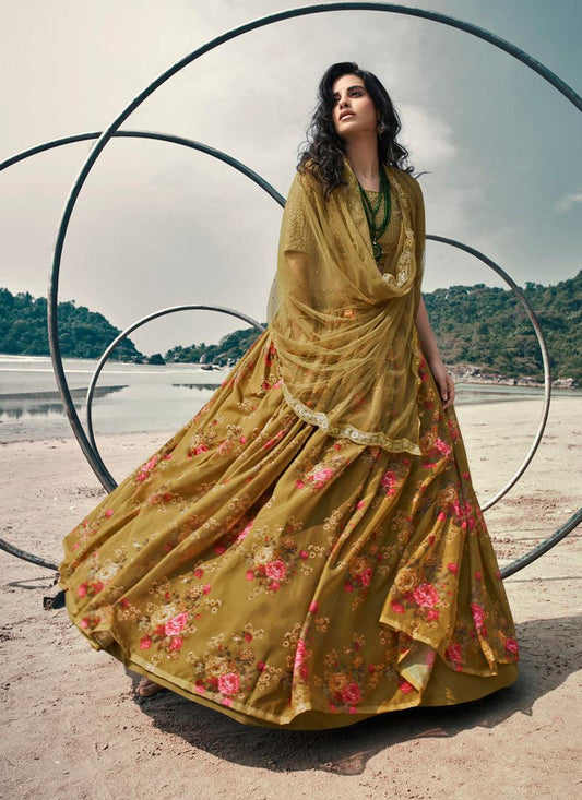 Gorgeous Green Sequined Zari Printed Organza Lehenga Choli Set