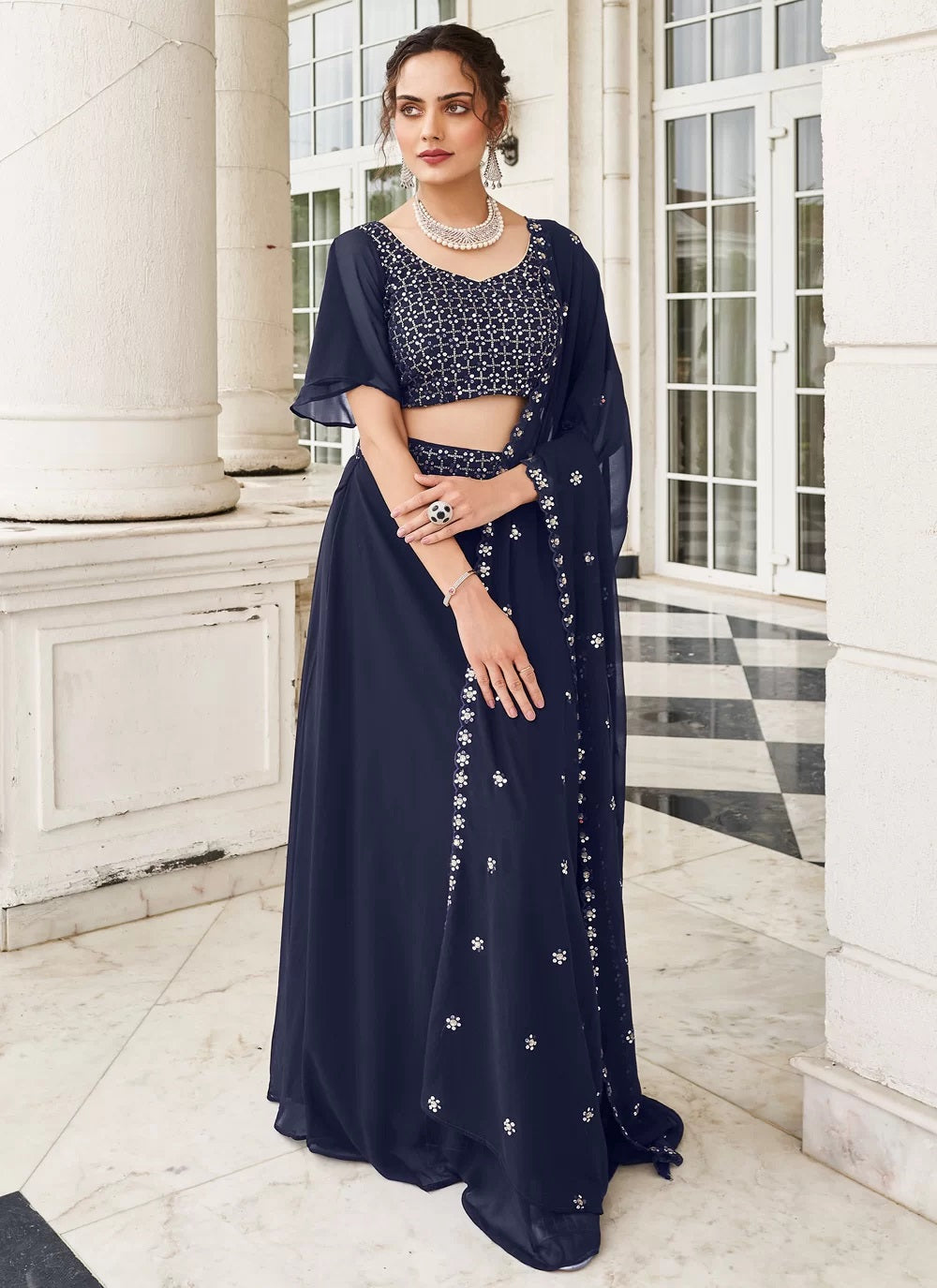 Gorgeous navy blue sequins georgette indian wear lehenga choli