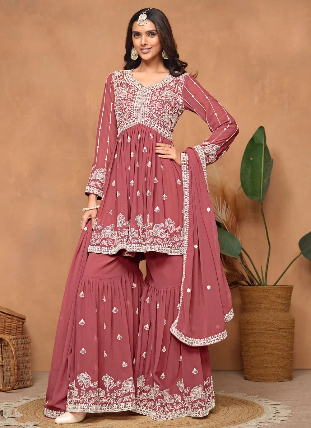 Gorgeous rust faux georgette sharara suit with santool inner