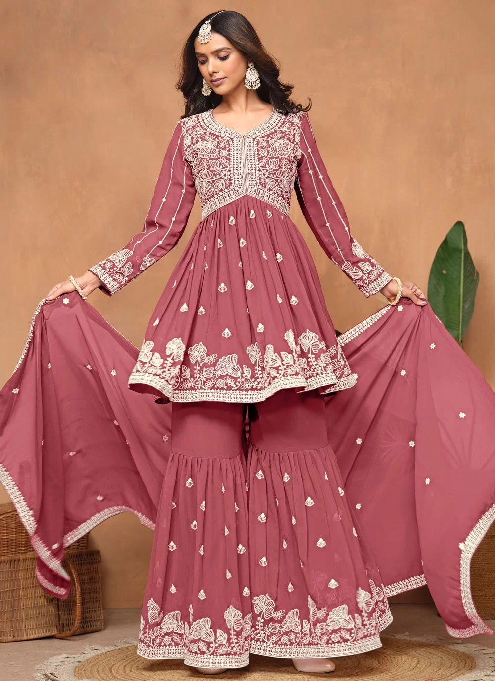 Gorgeous rust faux georgette sharara suit with santool inner