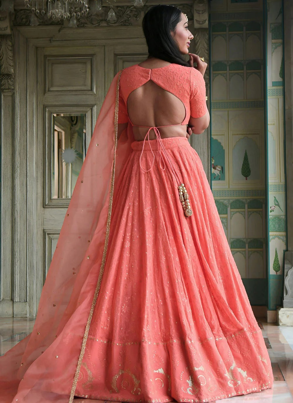Peach cocktail lehenga in georgette with gota patti embroidery