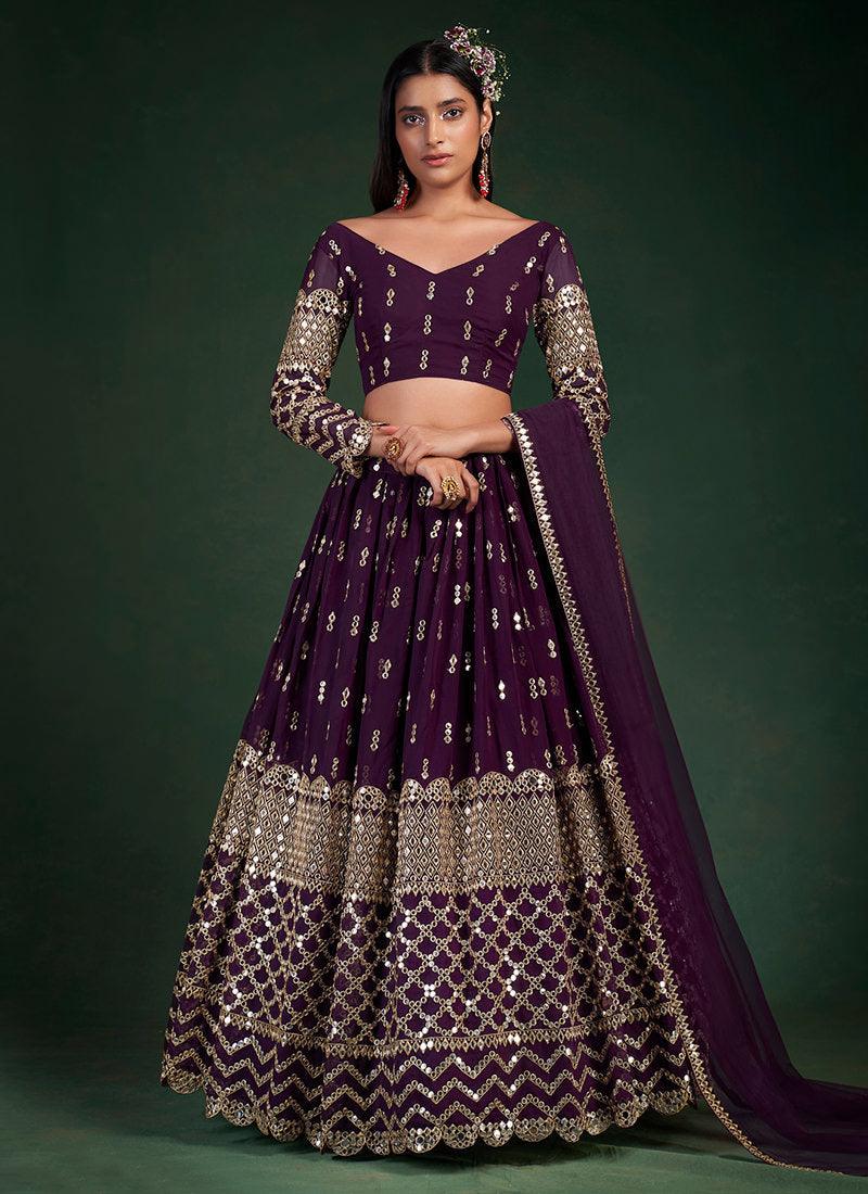 Gota Work Wine Embroidered Lehenga