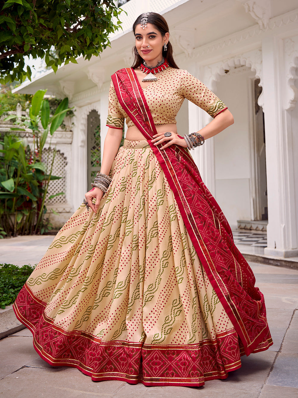 Off white tasar silk bandhej print lehenga choli with gotta patti lace work 4 meter flair