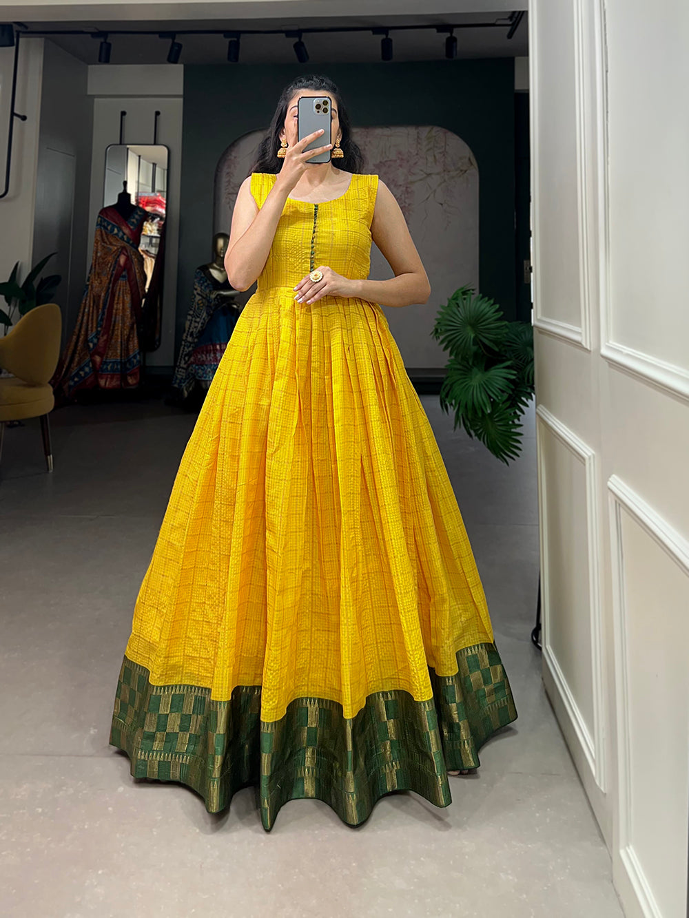 Yellow Color Zari Weaving Work Zari Chex Maharashtra Dress