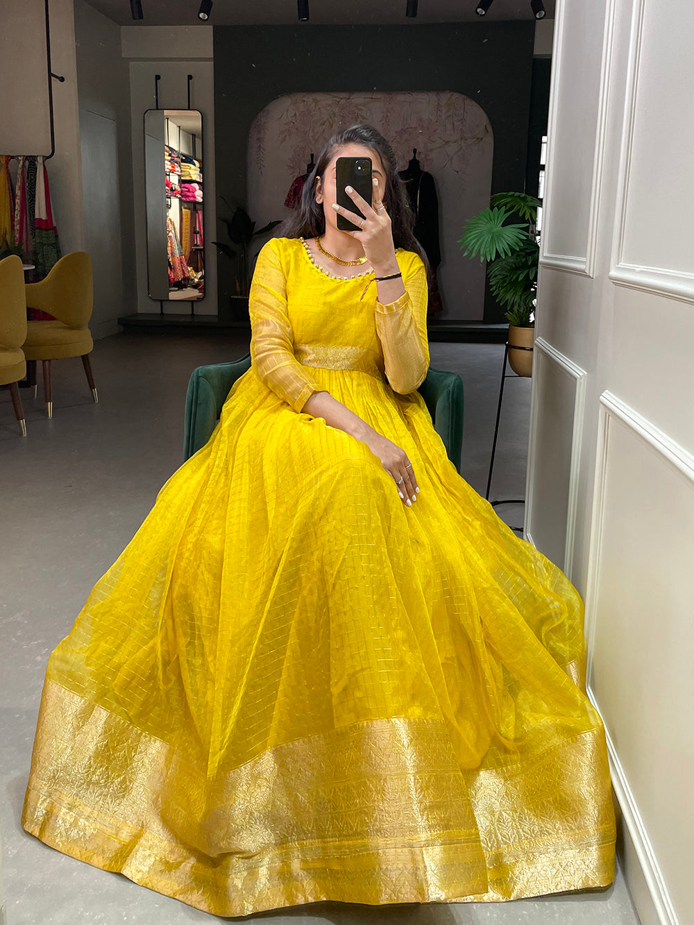 Yellow Color Zari Weaving Work Organza Chex Gown