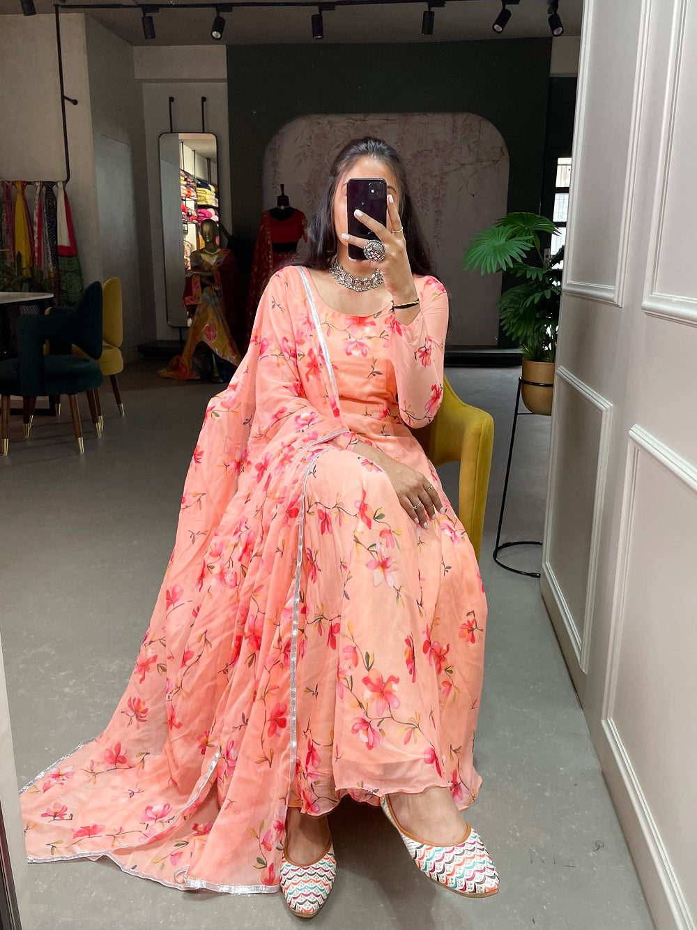 Peach Color Floral Printed Anarkali Style Chiffon Kurti
