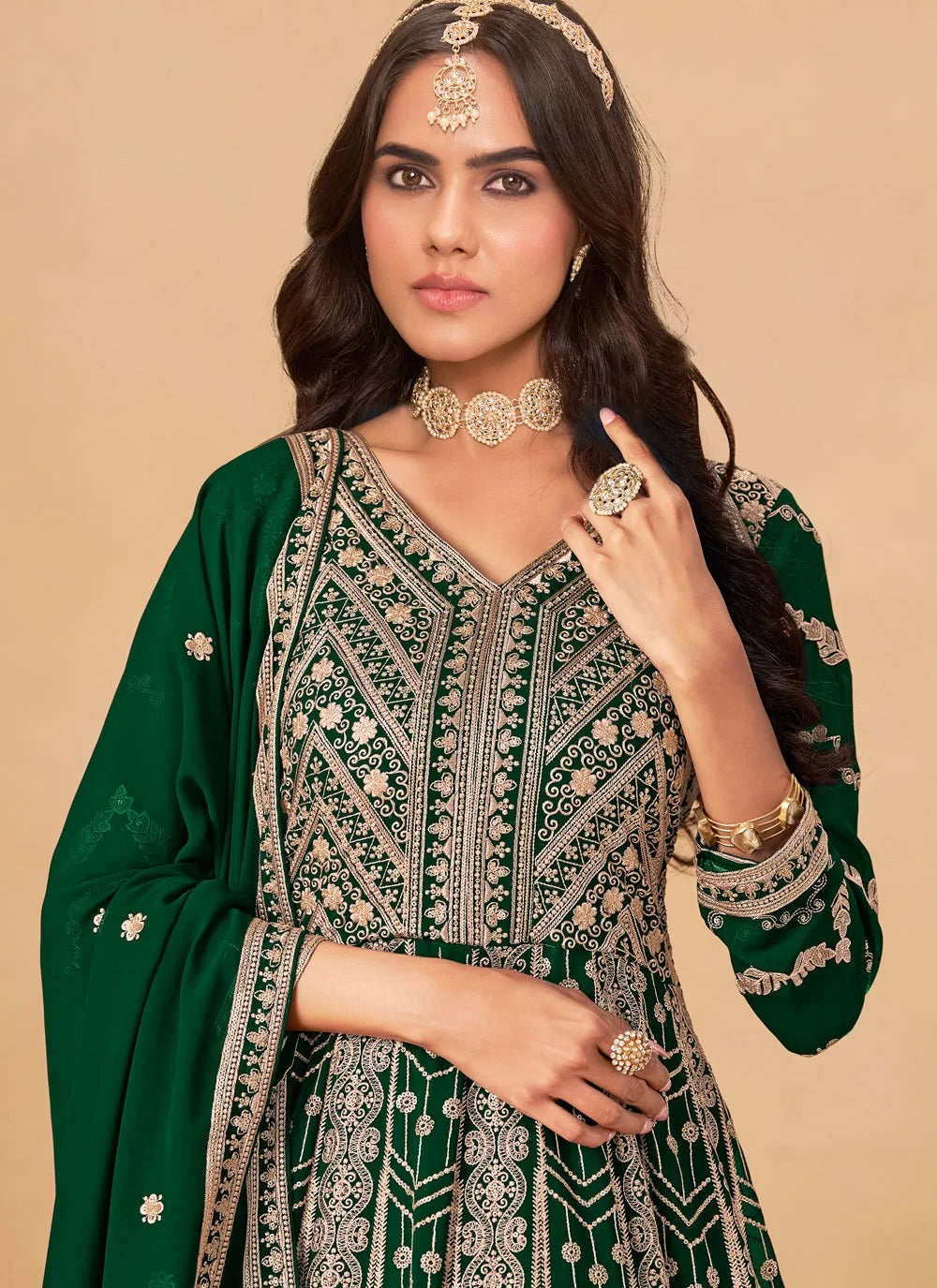Graceful green faux georgette abaya style suit with full embroidery