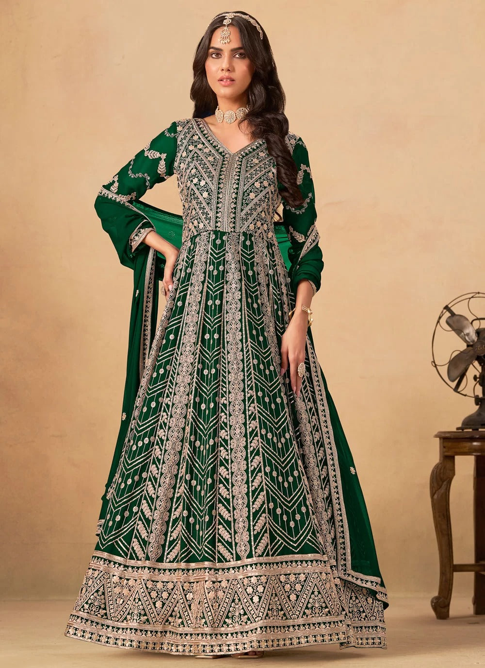 Graceful green faux georgette abaya style suit with full embroidery