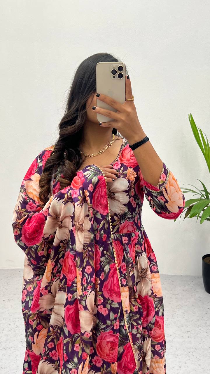Graceful Heavy Chinon Printed Gown Set – Effortless Elegance!