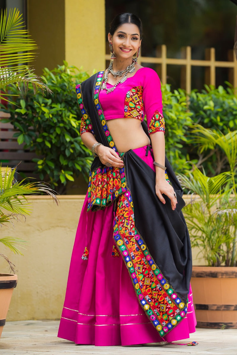 Graceful rani pink pure cotton navratri lehenga with gota lace and gamthi work set