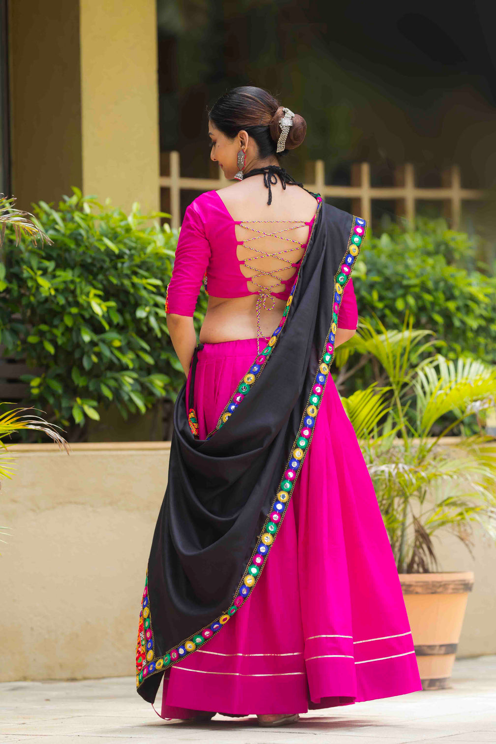Graceful rani pink pure cotton navratri lehenga with gota lace and gamthi work set