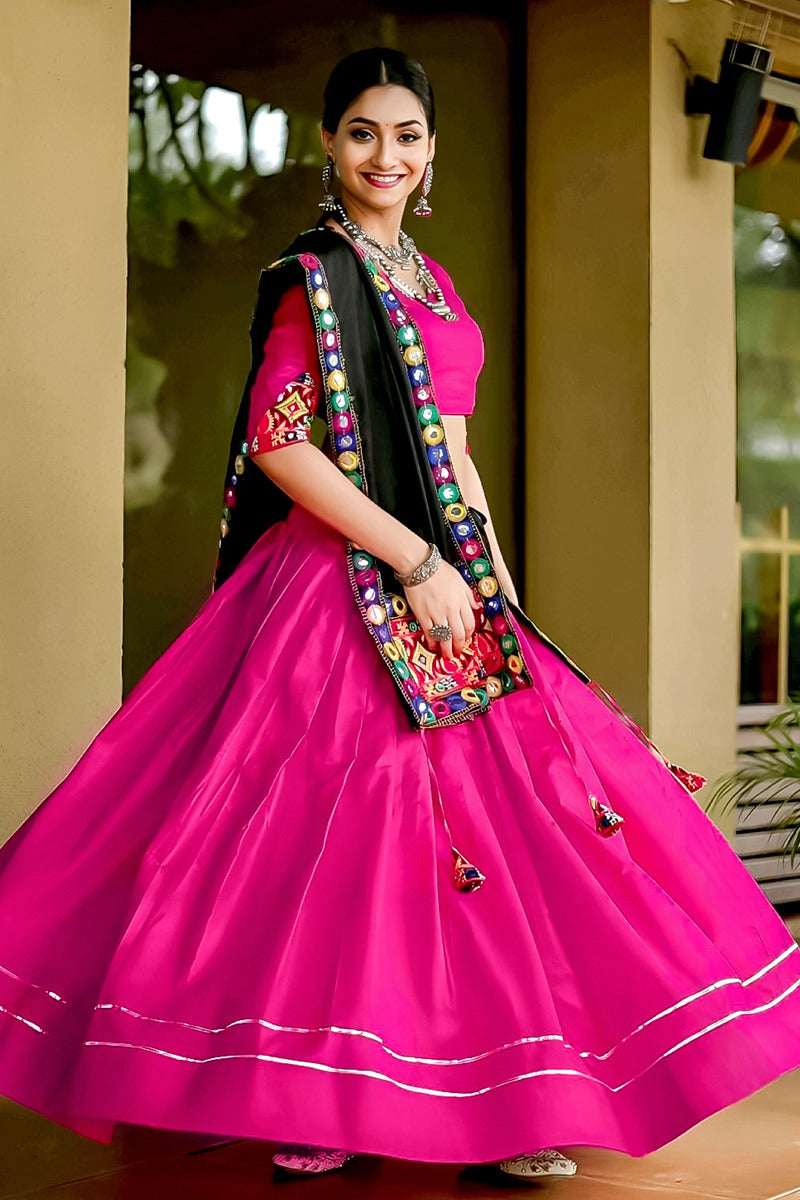 Graceful rani pink pure cotton navratri lehenga with gota lace and gamthi work set