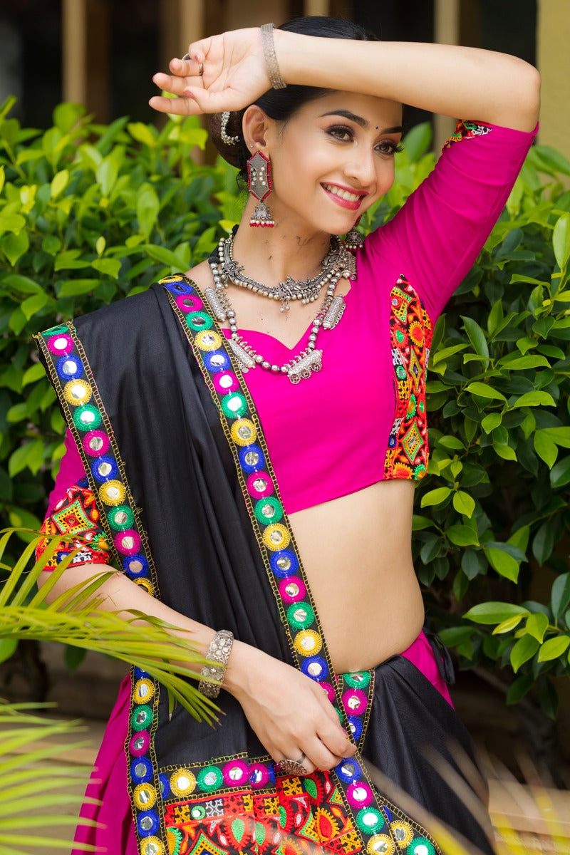 Graceful rani pink pure cotton navratri lehenga with gota lace and gamthi work set