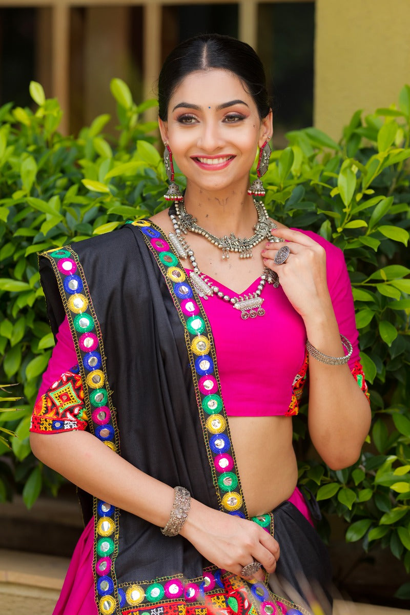 Graceful rani pink pure cotton navratri lehenga with gota lace and gamthi work set
