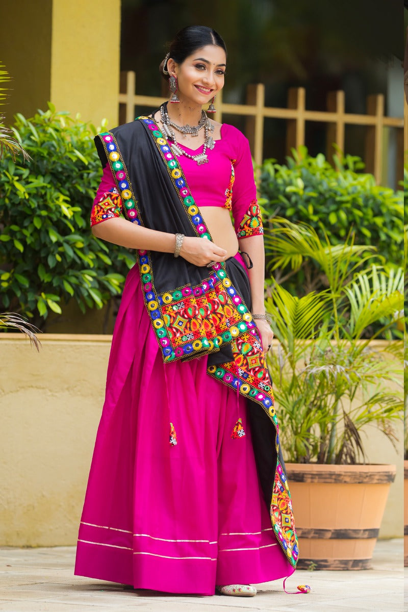 Graceful rani pink pure cotton navratri lehenga with gota lace and gamthi work set