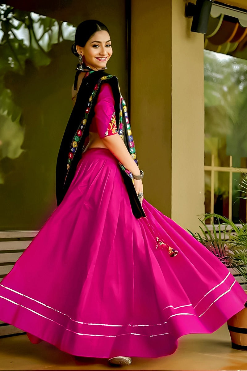 Graceful rani pink pure cotton navratri lehenga with gota lace and gamthi work set