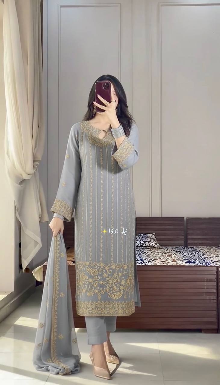 Gray Chinon Silk Kurta Bottom Set with Sequins, Rivet Moti Work
