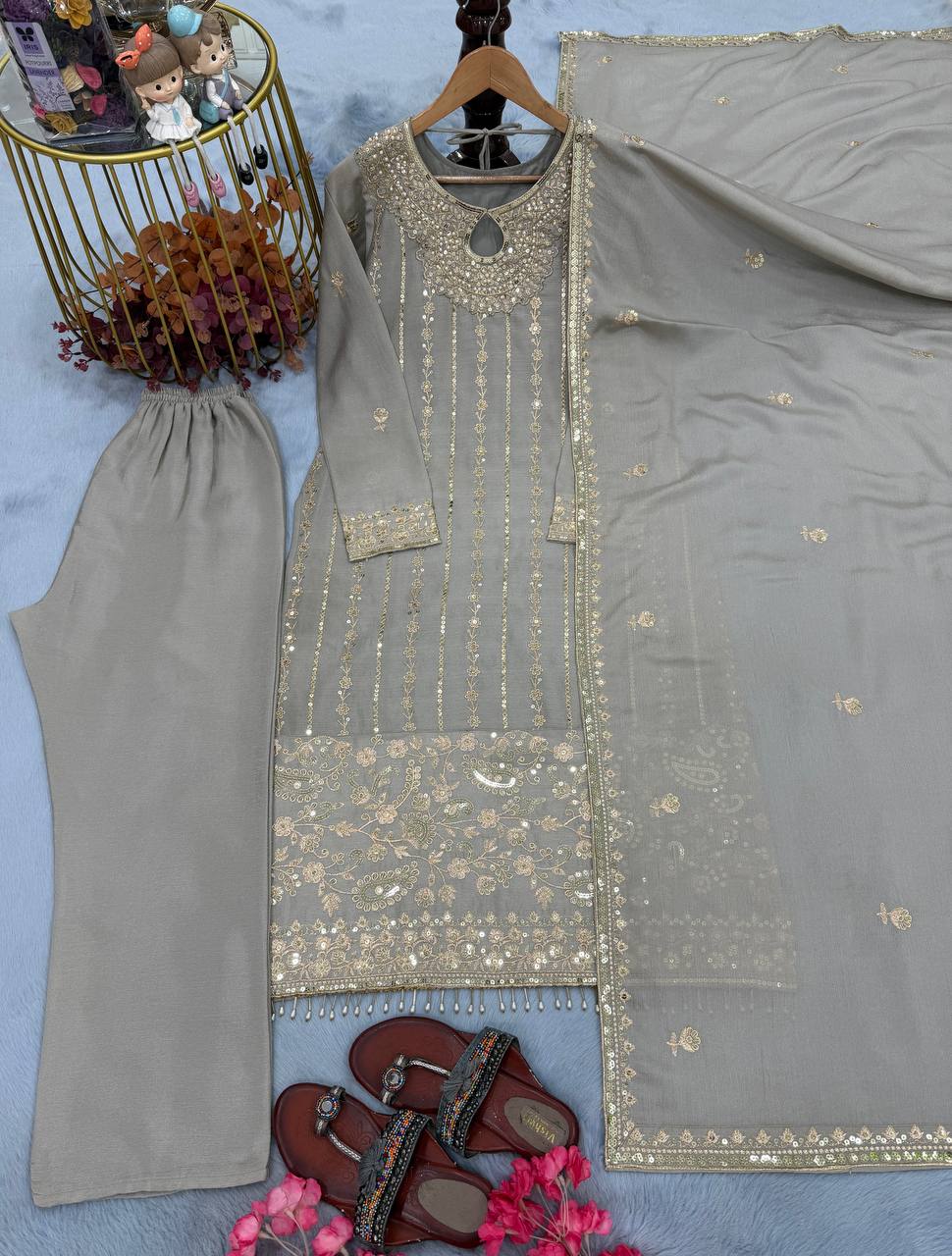 Gray Chinon Silk Kurta Bottom Set with Sequins, Rivet Moti Work