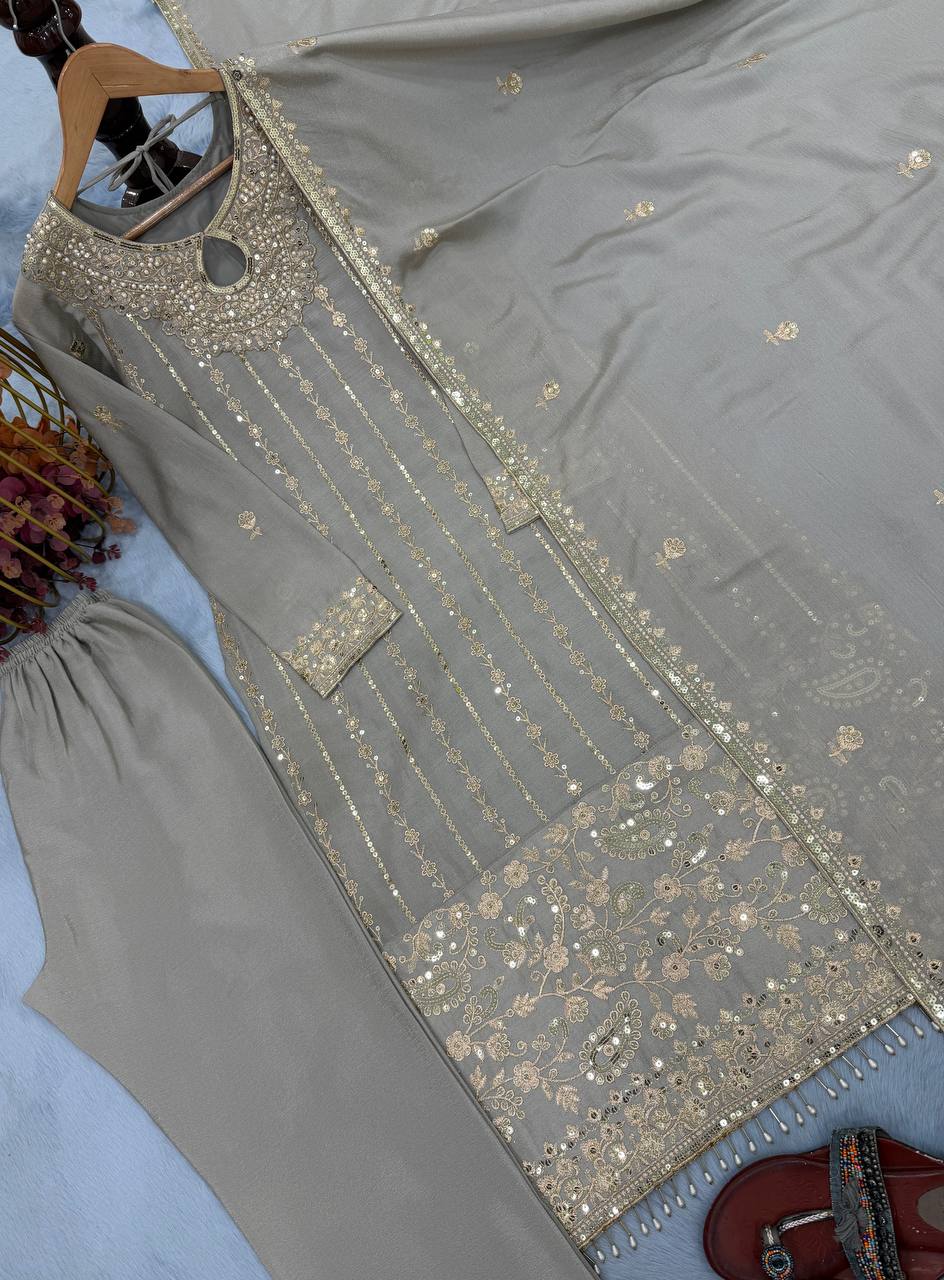 Gray Chinon Silk Kurta Bottom Set with Sequins, Rivet Moti Work